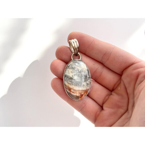 Polished Agate Gemstone Oval Sterling Silver Minimalist 925 Vintage Pendant - Picture 7 of 10